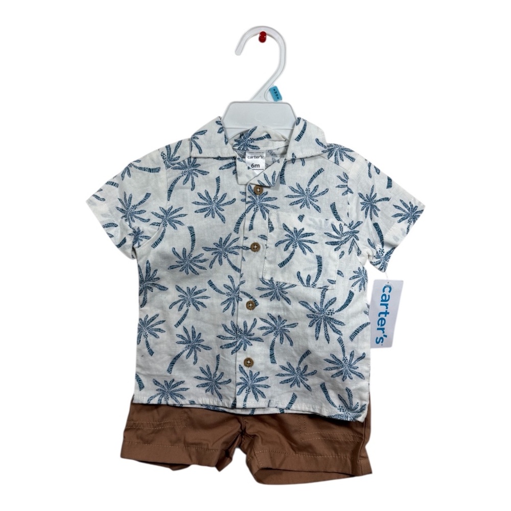 Carter's Shorts Button Down 2-Piece Boys Size 6m Blue Brown Short Sleeve